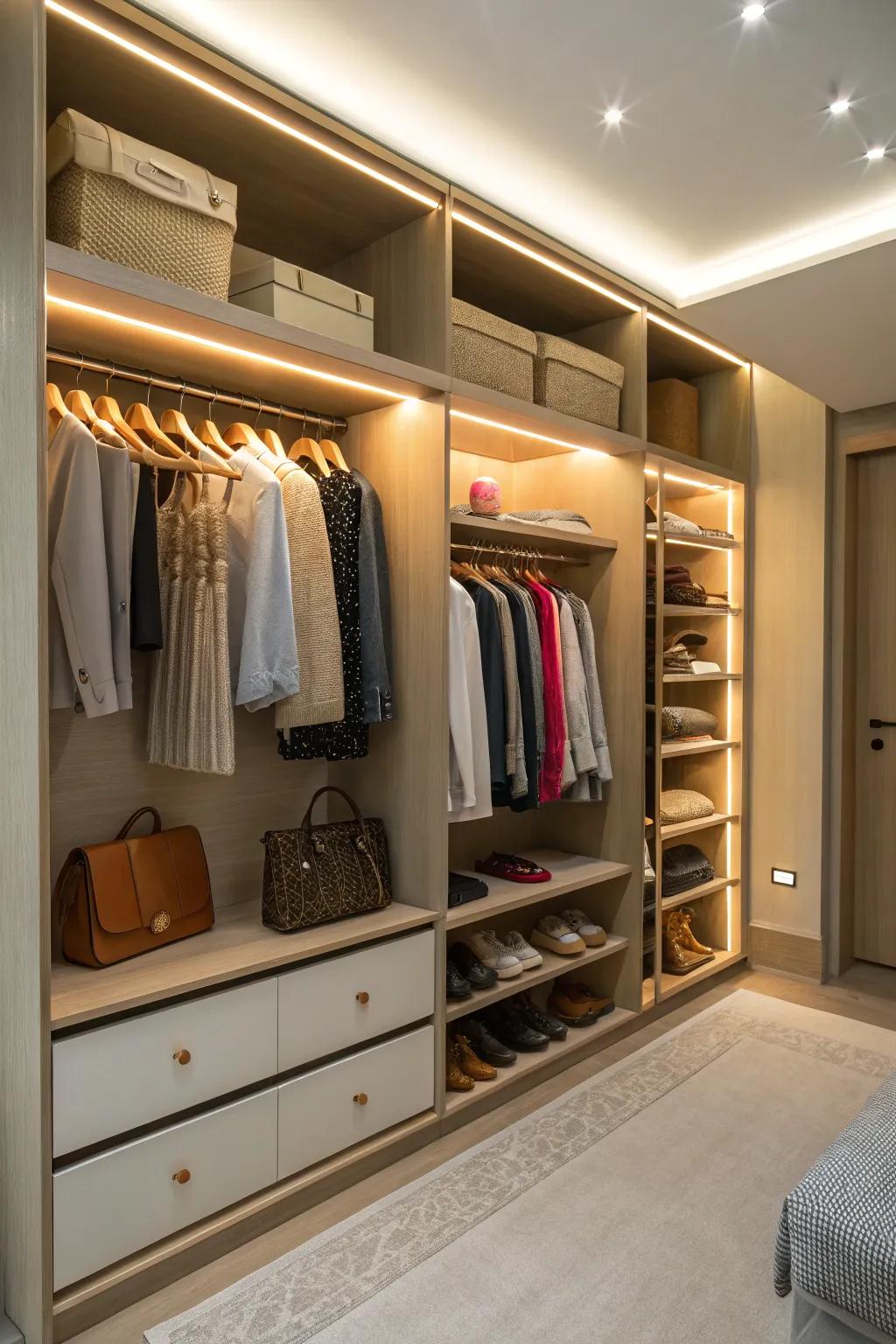 Integrated lighting enhances the functionality and style of your closet.
