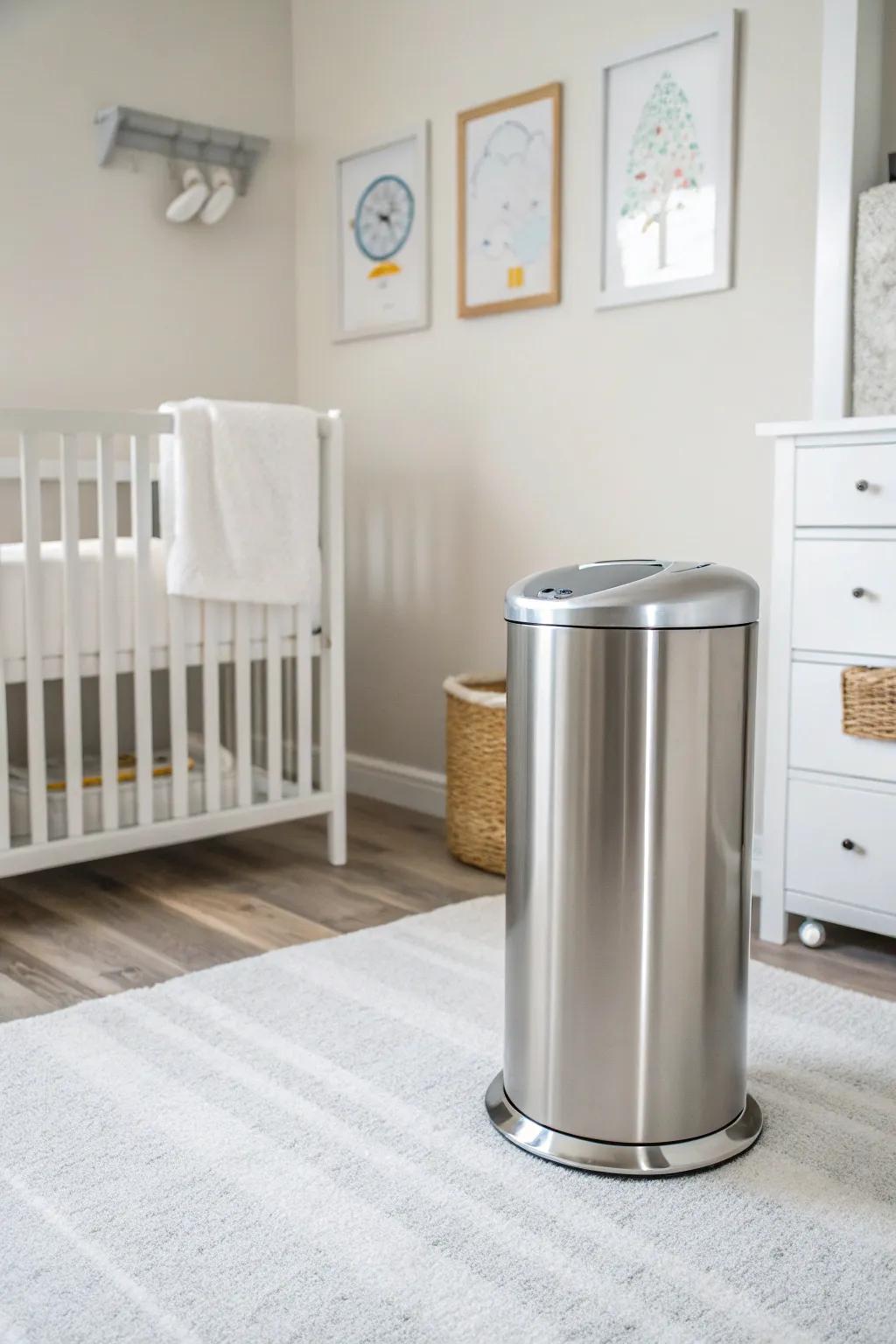 A shiny steel baby wrap container gives a modern, sophisticated feel to a simple baby room.
