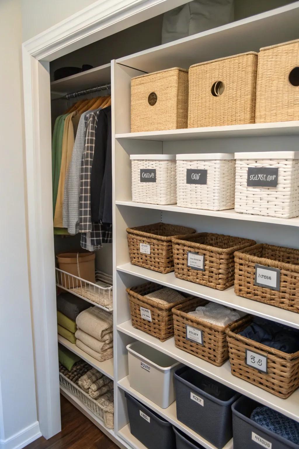 Labeled wicker baskets support an organized and clutter-free wardrobe.