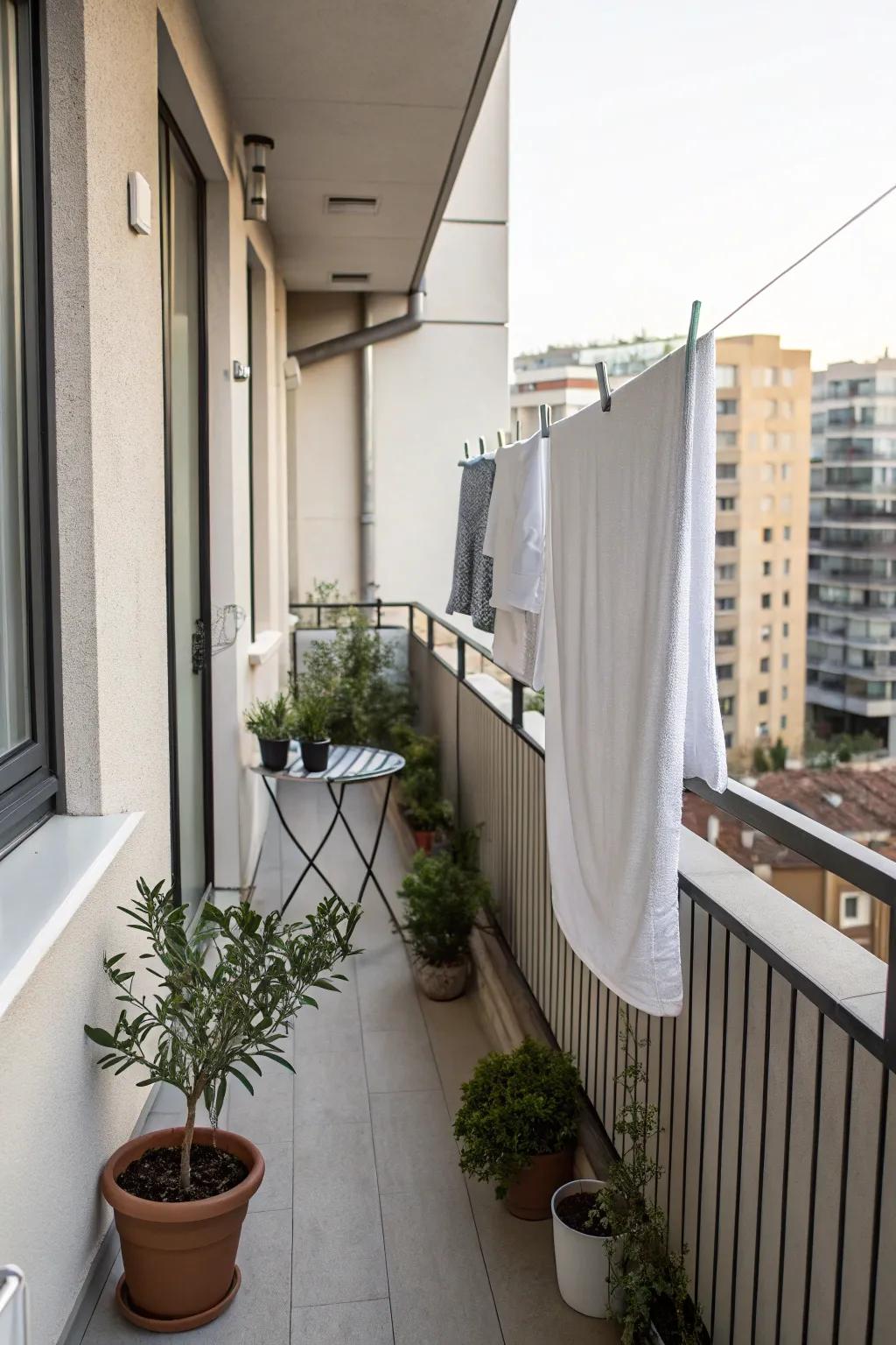 A space-saving wall-mounted clothesline on a chic balcony.