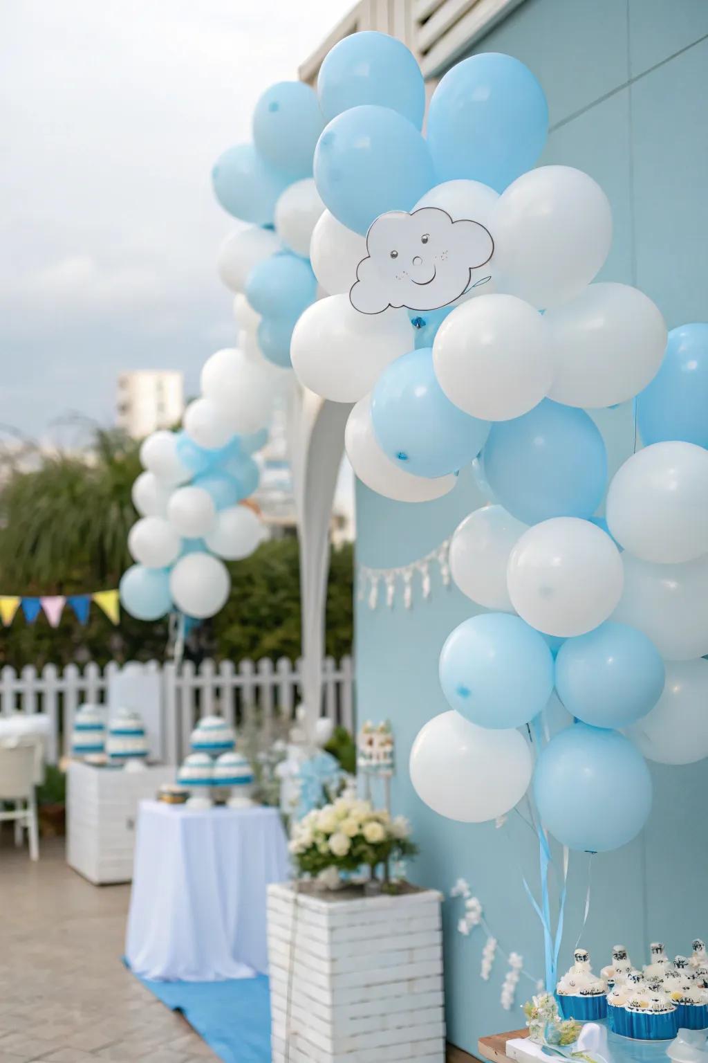 Balloon groupings mimic a cloud-like sensation, infusing the baby shower decorations with a playful charm.