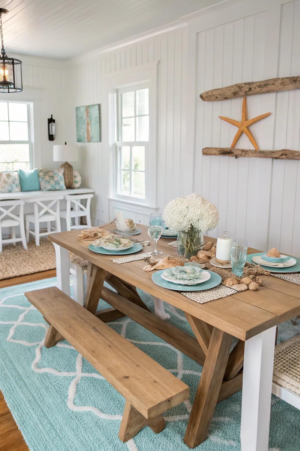A neutral palette of whites and blues evokes the serenity of the coast.