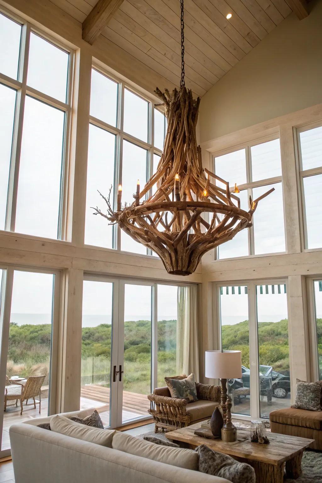 Weathered wood chandeliers bestow an earthy, rustic allure to any interior.