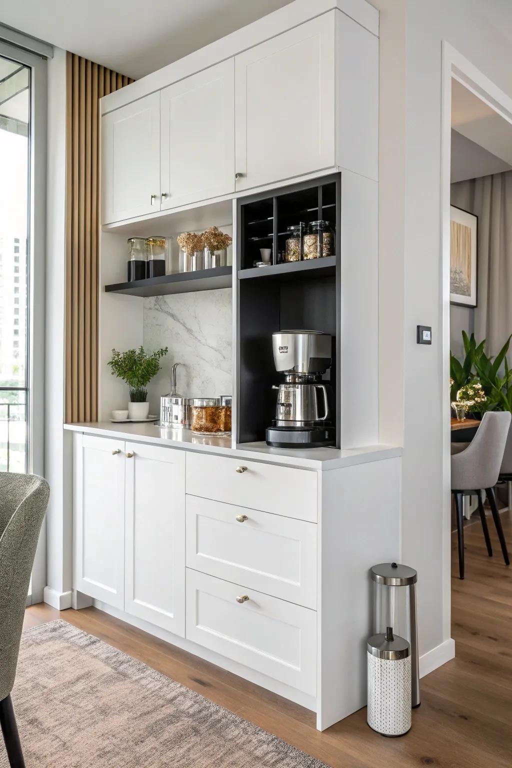 A sleek white cabinet providing a contemporary accent to every setting.