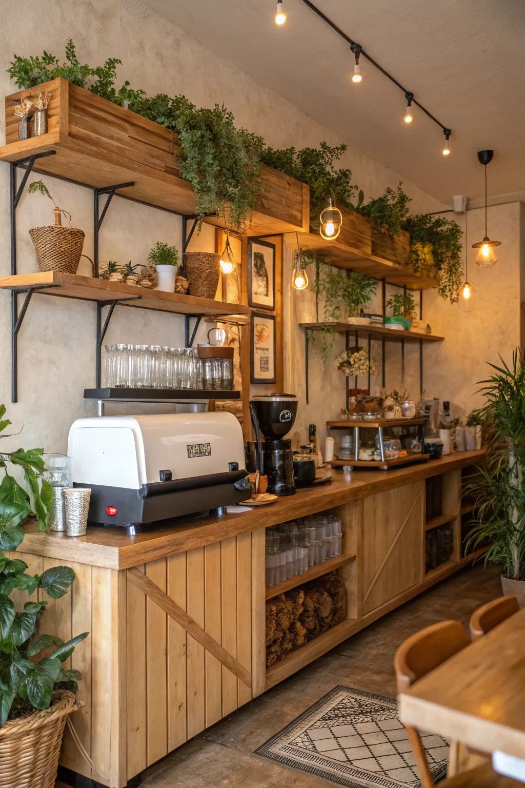 Wooden elements add a rustic charm to your coffee station.