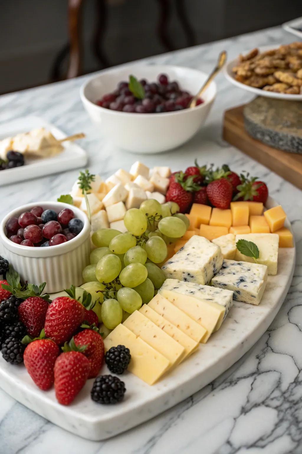 A beautifully arranged cheese and fruit display to elevate your coffee event.