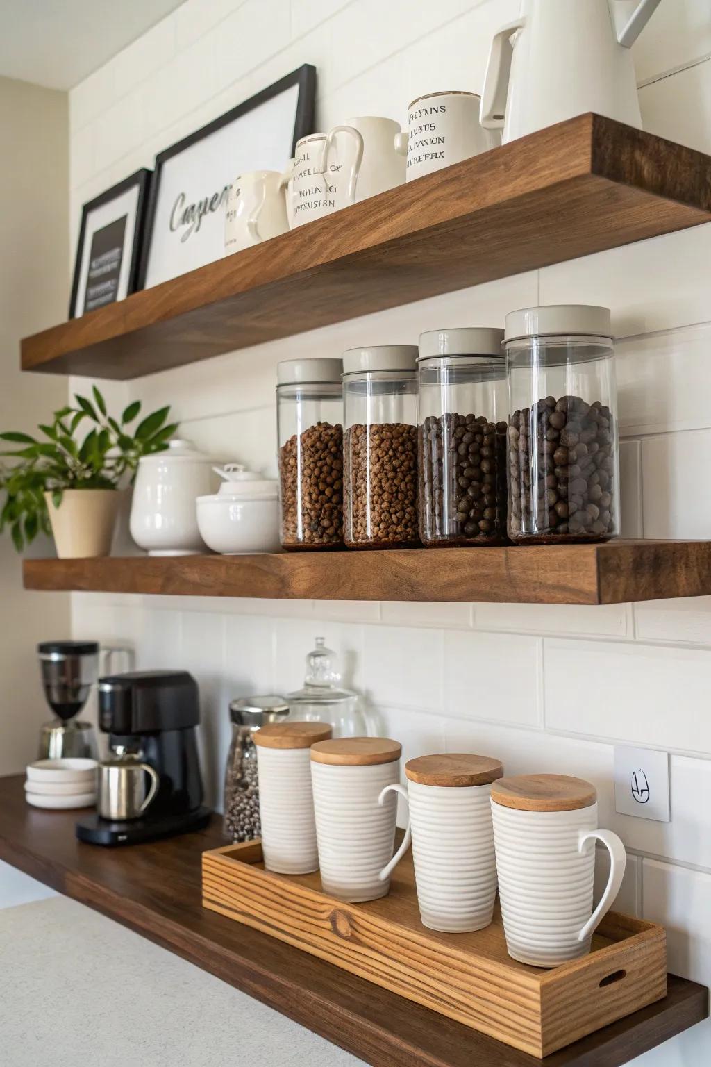 Display shelving for a useful and ornamental arrangement.