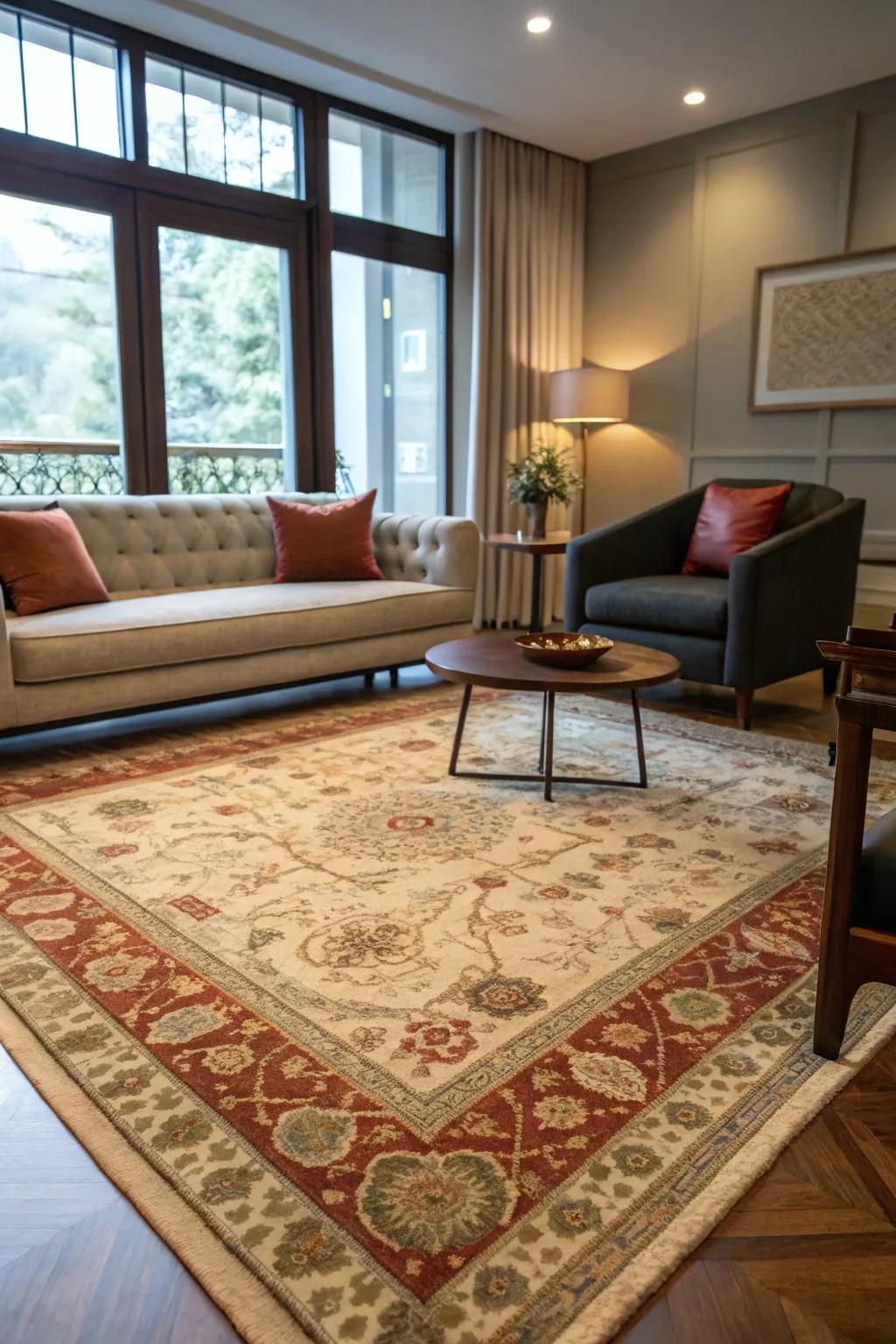 A vintage-inspired area rug adding warmth and character to a modern living room.