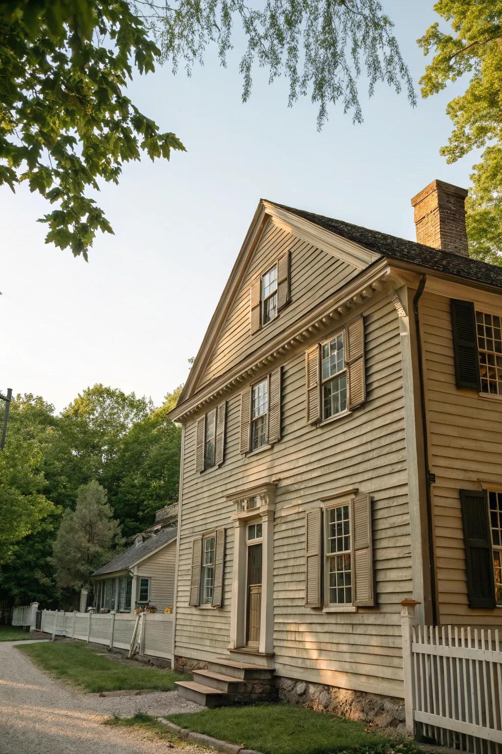 Colonial house with classic wood clapboard siding.