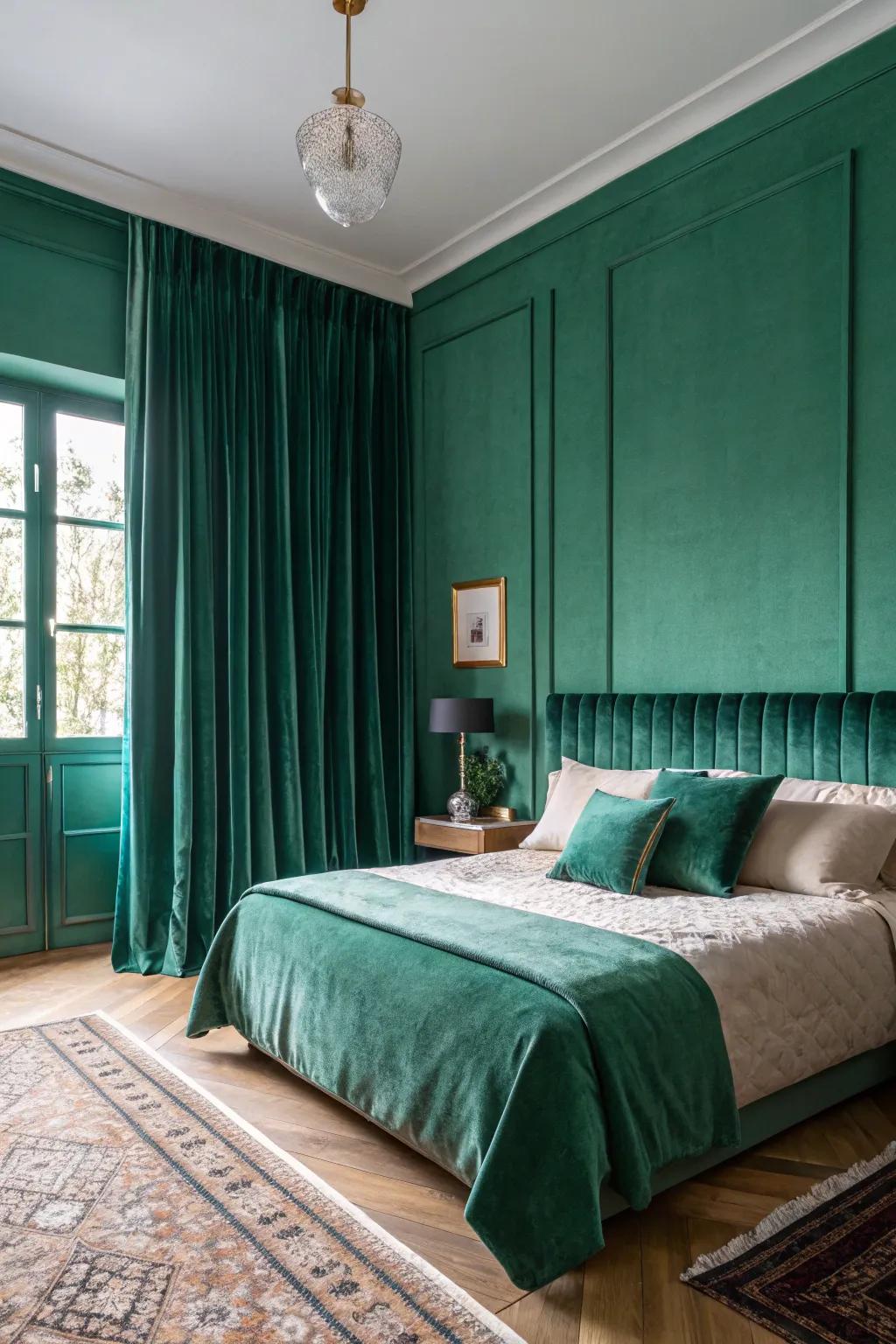A striking emerald green color wash transforms the bedroom into an alluring sanctuary.