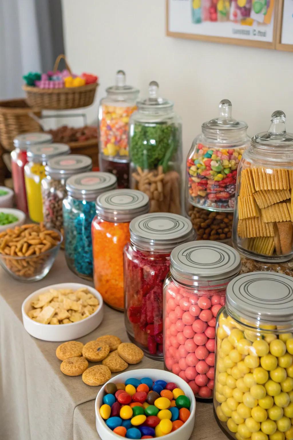 An energetic snack station adorned with multicolored candies and goodies.