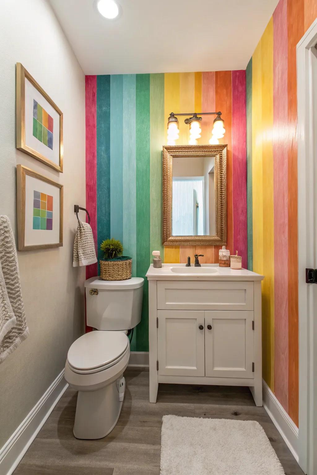 A powder room is enhanced by a bright accent wall showcasing assorted hues.