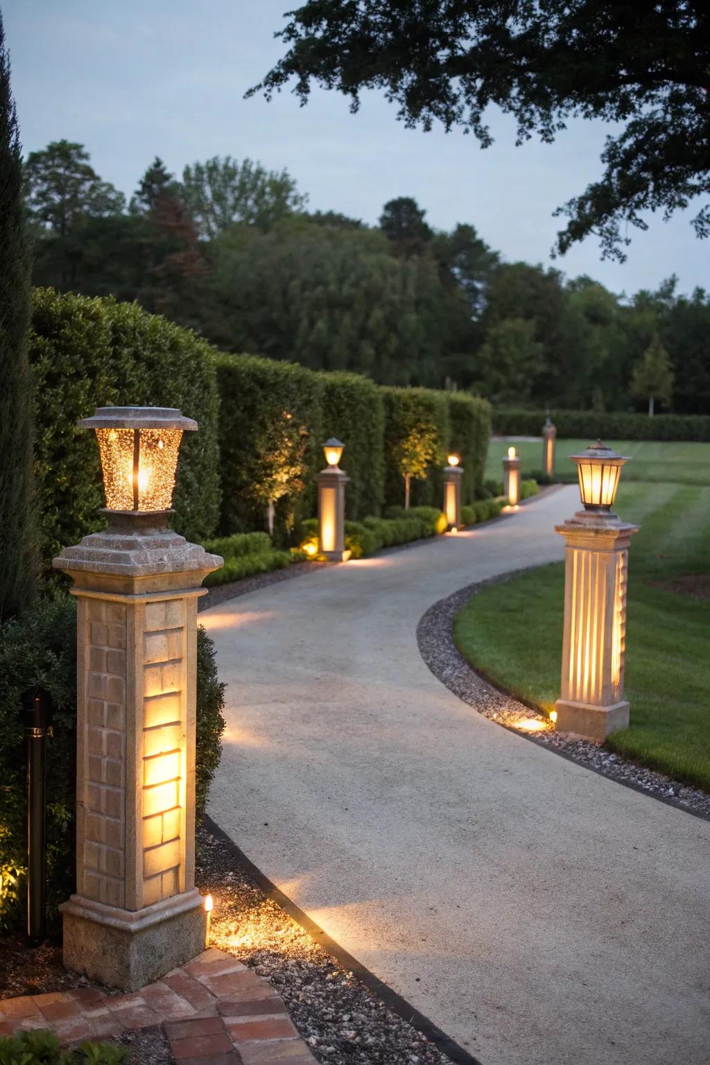 Design a grand entrance with warmly illuminated columns.