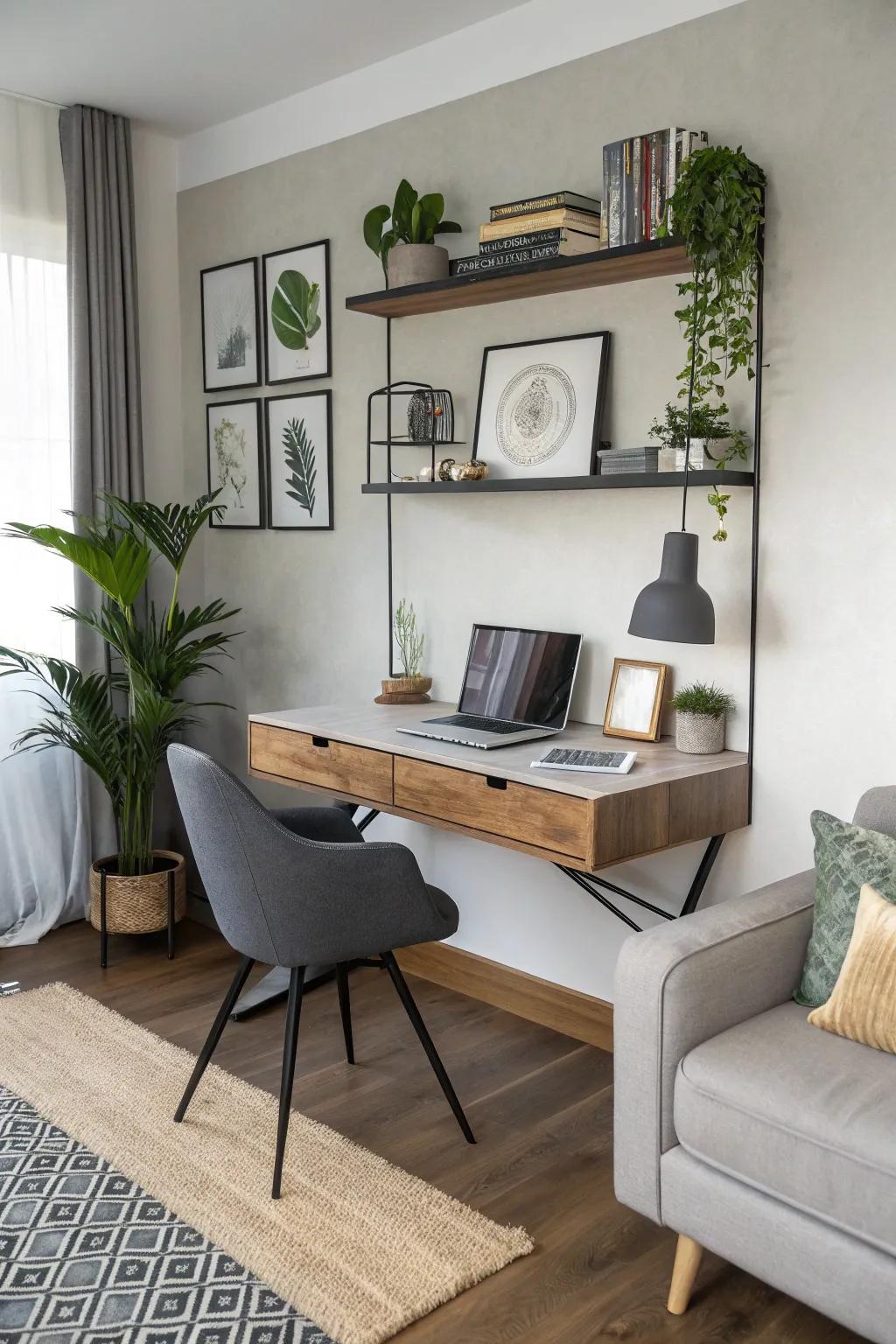 A chic and space-conscious elevated wall desk.