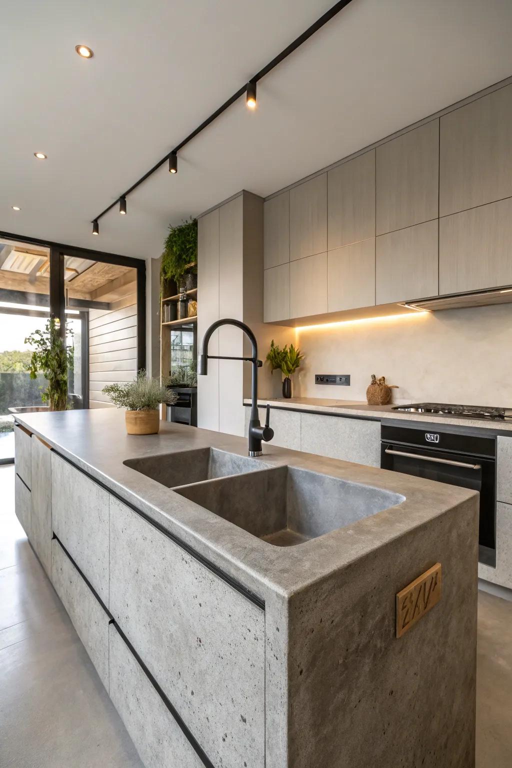 Concrete sink incorporated into a contemporary kitchen countertop.