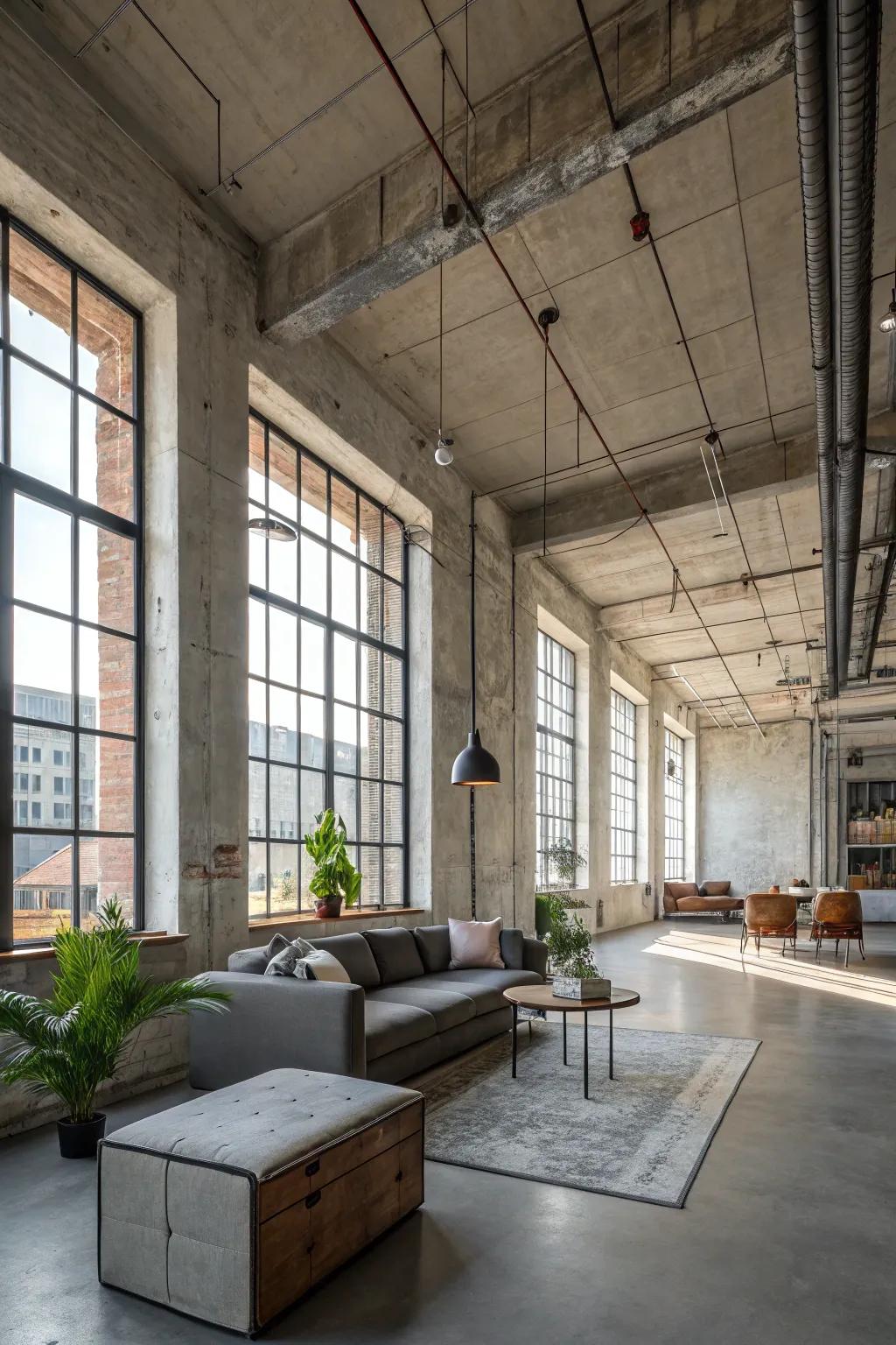 An industrial loft featuring concrete walls creates a daring aesthetic.