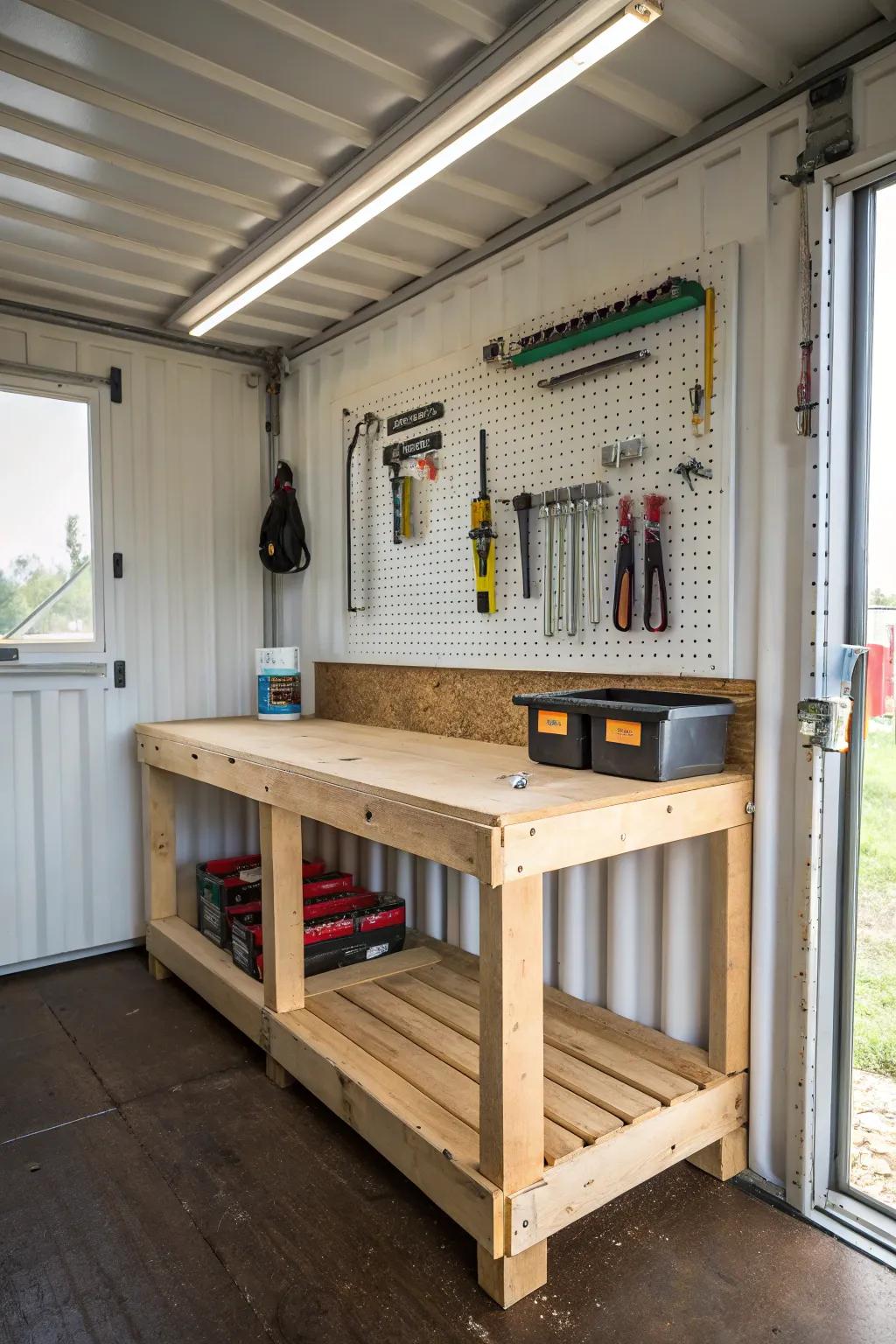 Construct your personal workshop inside a container using a convenient workbench.