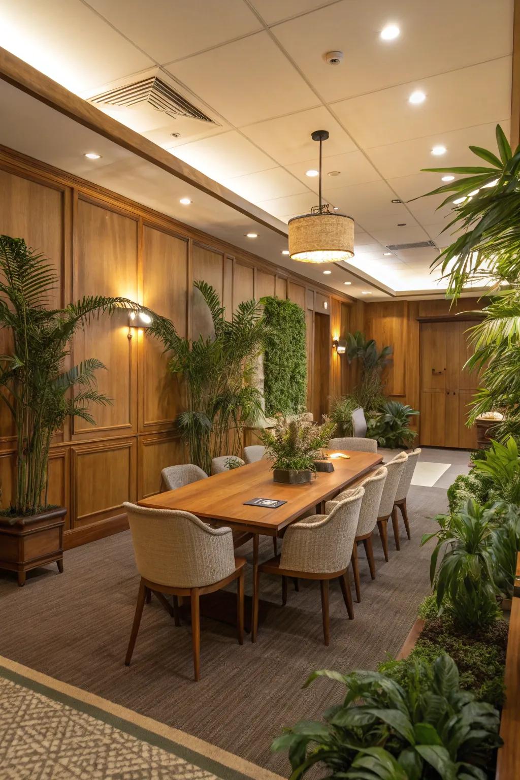 Natural accents foster a serene mood in the conference space.