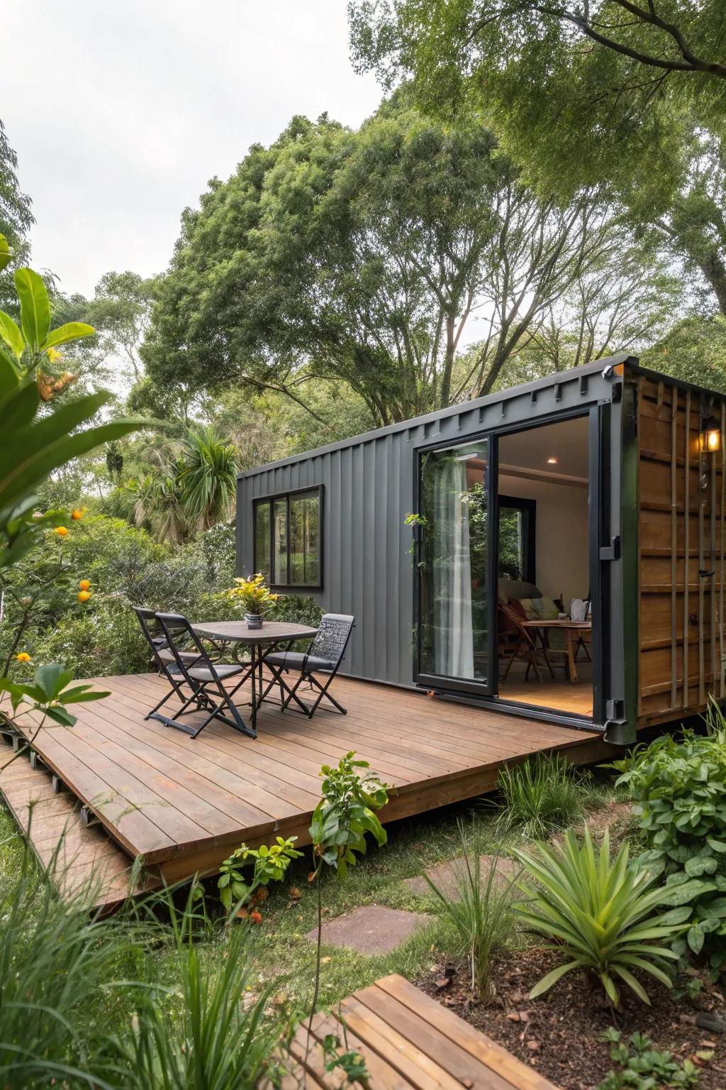 A charming deck expands the usable area of this container house.