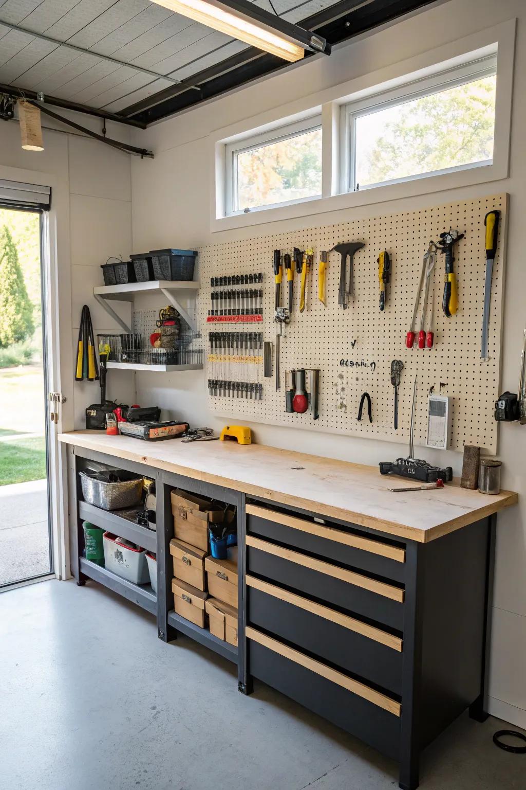 An inspiring DIY studio in the garage with a workbench and organized tool storage.
