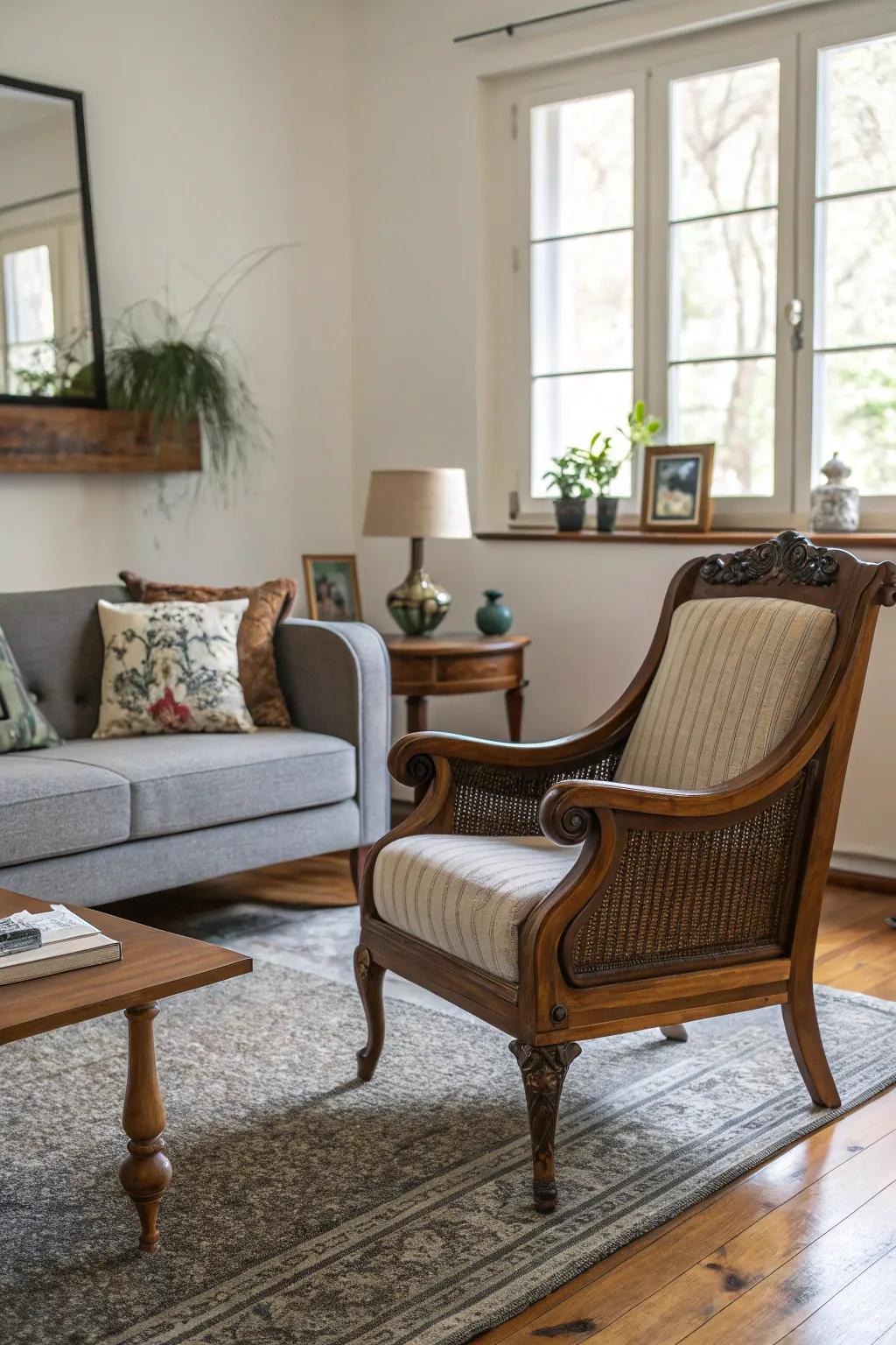 A carefully arranged living room showcasing a mix of retro and contemporary furnishings.
