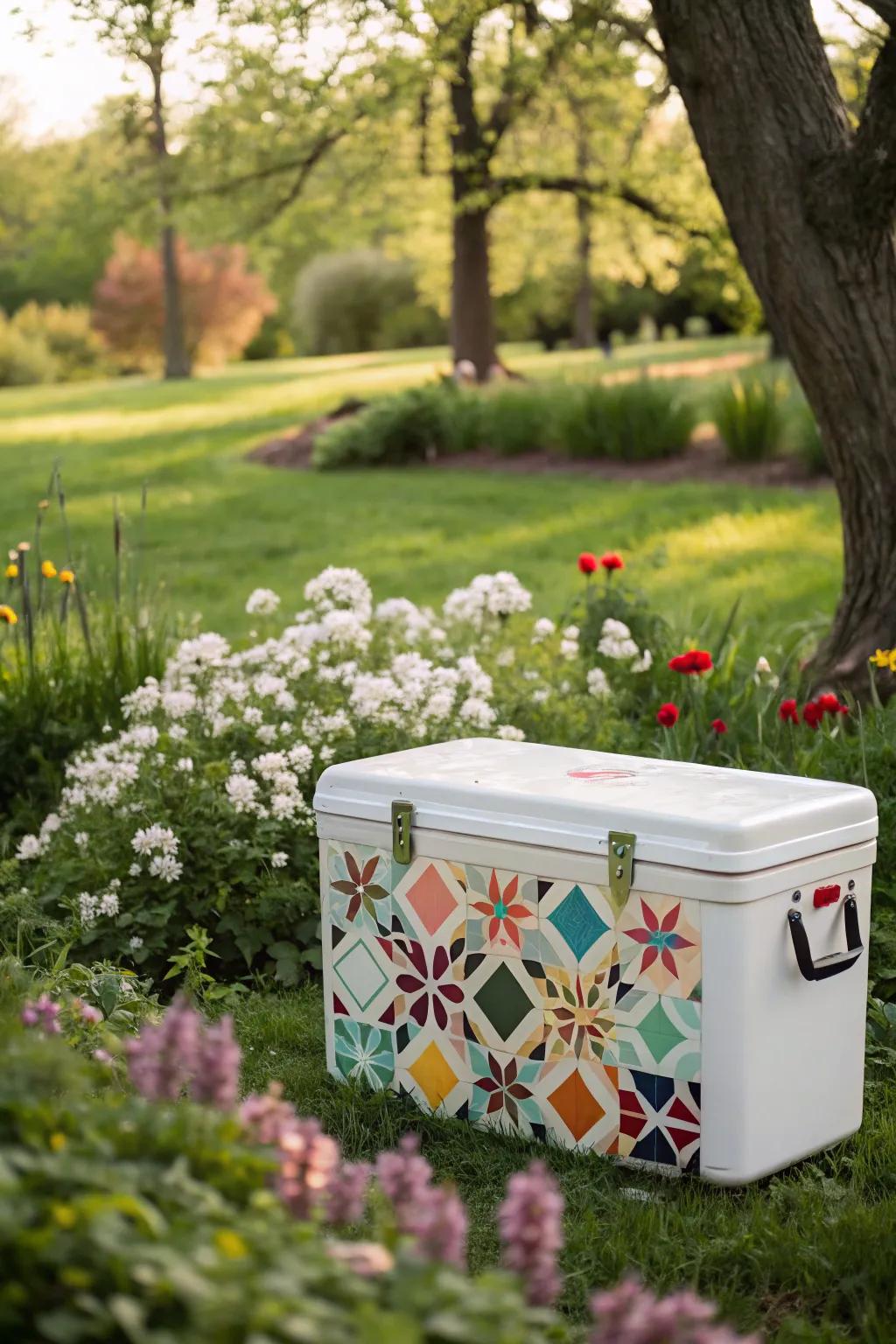 A cooler decorated with playful tessellated patterns.