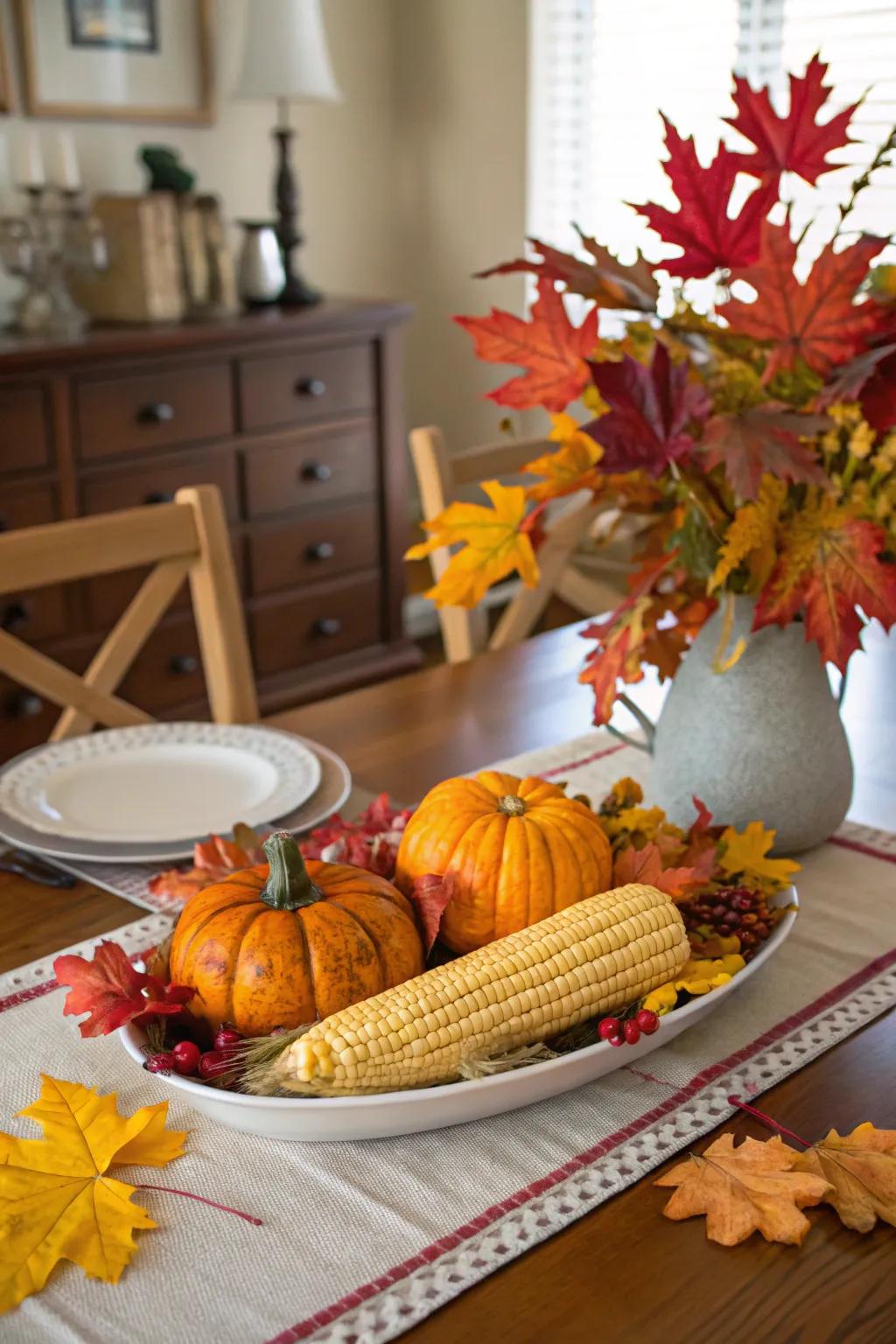 A lively autumnal centerpiece showcasing maize and pumpkins.