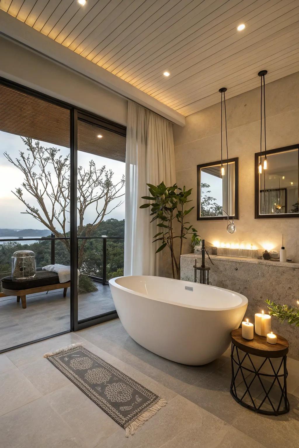A corner tub brings a luxurious feel to confined areas.