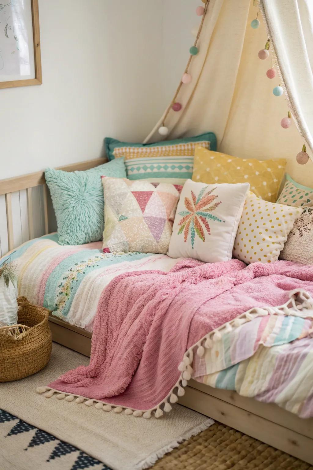 Change your corner bed into a relaxing getaway with pillows and blankets.