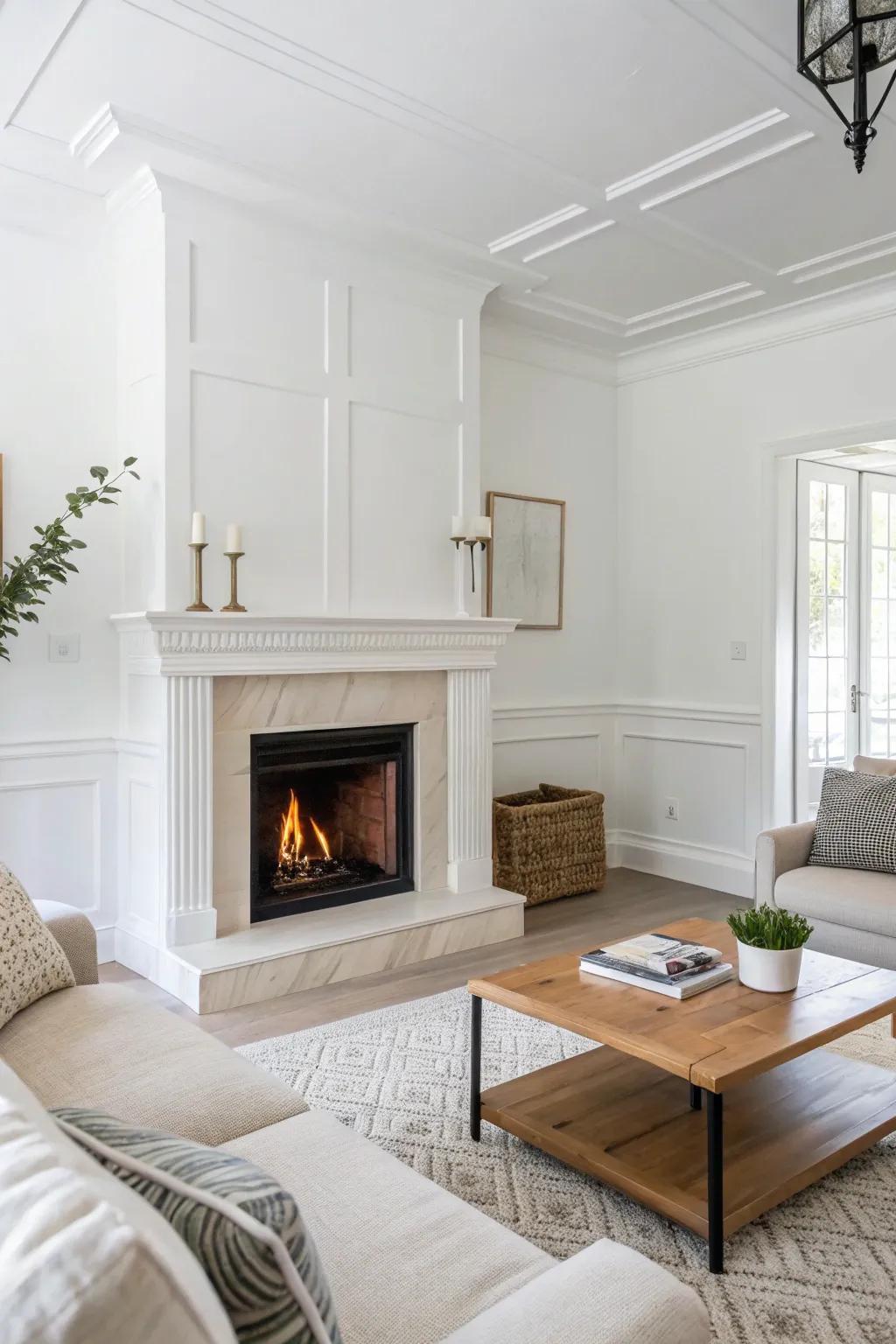 A minimalist white corner fireplace enriching a modern living space.