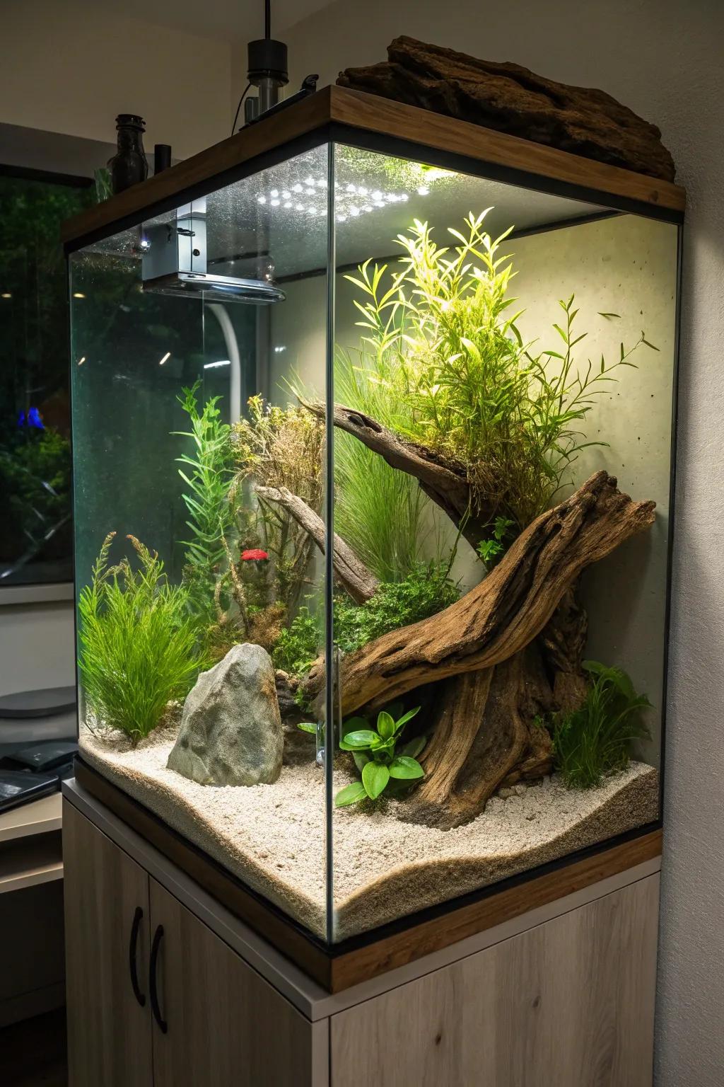 Organic components like driftwood and flora cultivate a tranquil underwater setting.