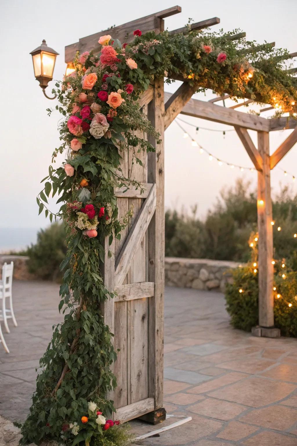 A rustic wooden archway exquisitely decorated with vegetation and blossoms.