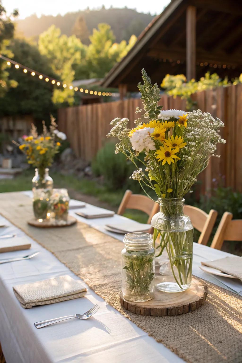Untamed floral arrangements contribute countryside charm to a rural nuptial.