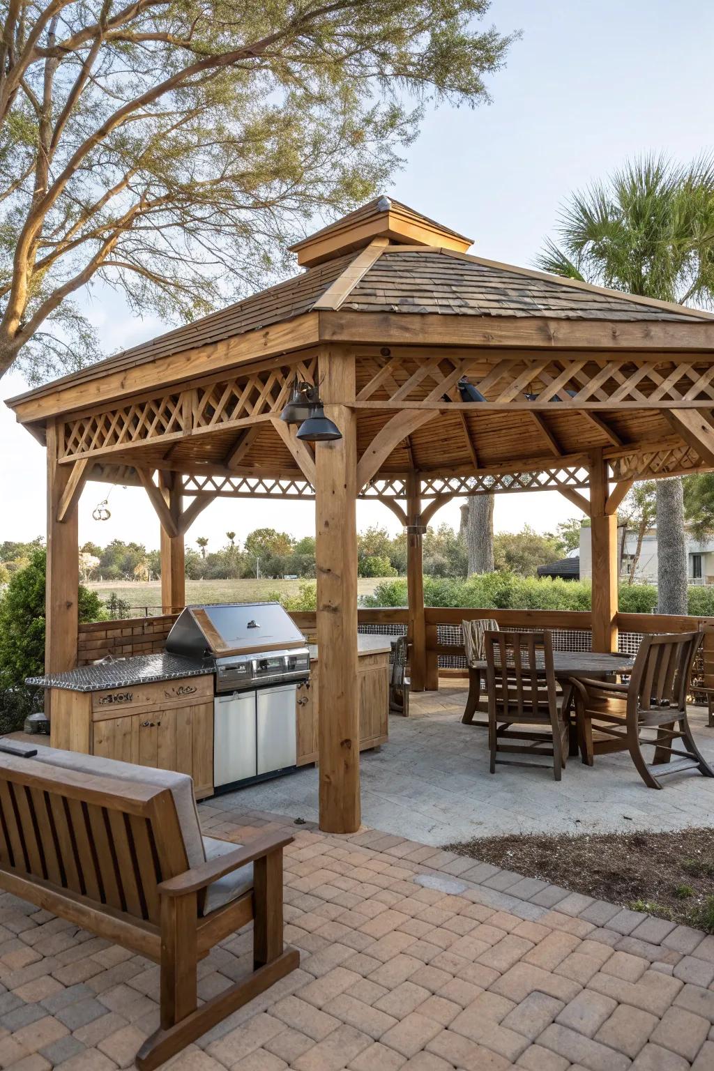 A country-style summerhouse crafts a cozy, appealing BBQ area.