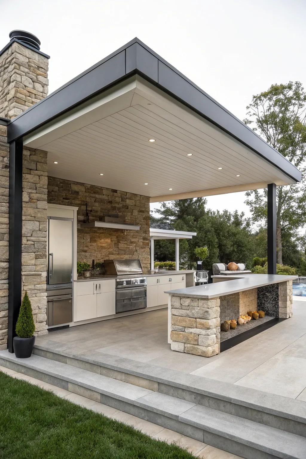 A stylish pavilion with stone accents for a modern outdoor kitchen.