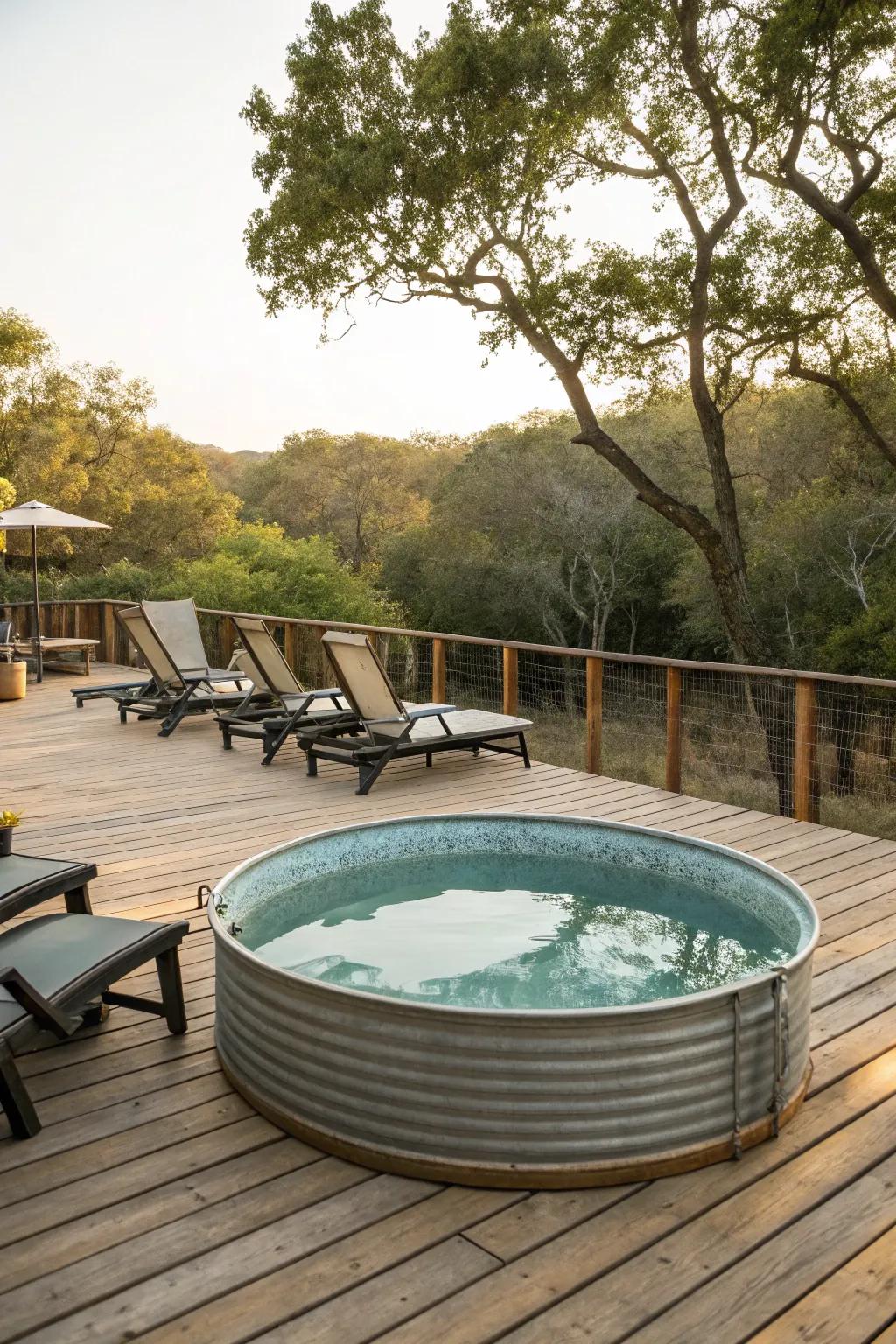Elevate your pool space with a charming wooden deck designed for relaxation.