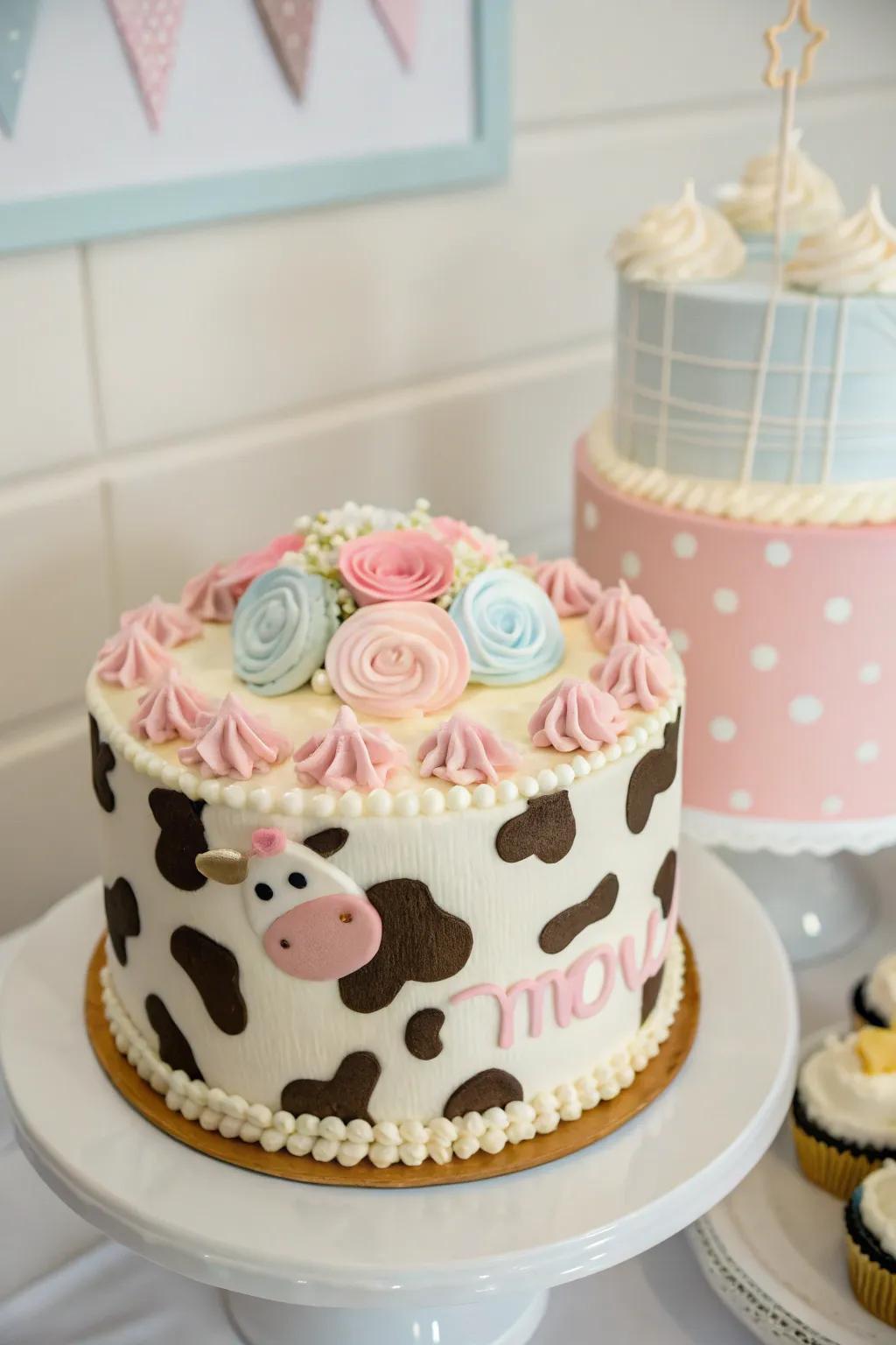 A striking bovine pattern cake that injects a playful feel into any cowgirl baby shower.