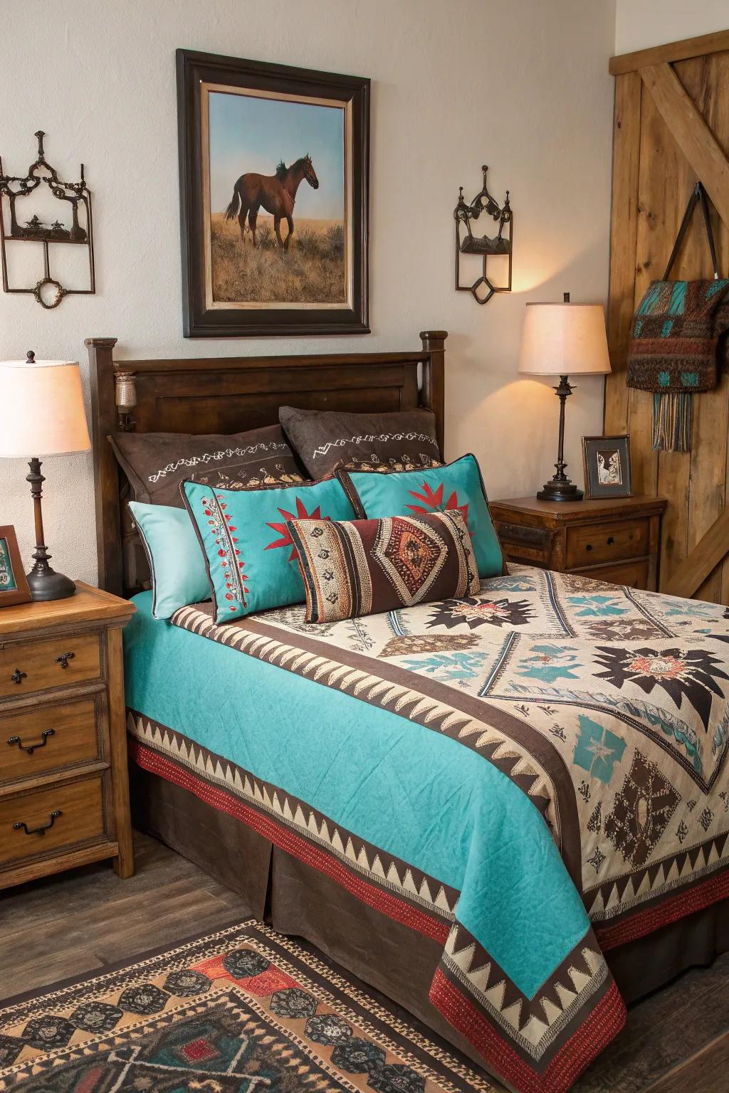 Vibrant patterns and textures establish the cowgirl ambiance.