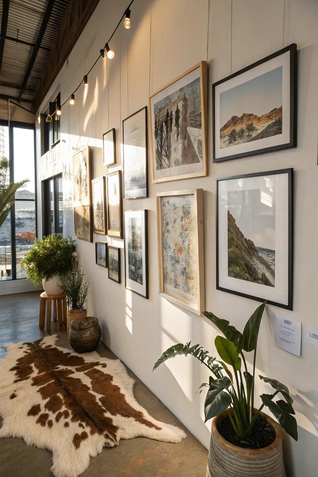 A gallery wall combining cowhide with framed art for added texture.