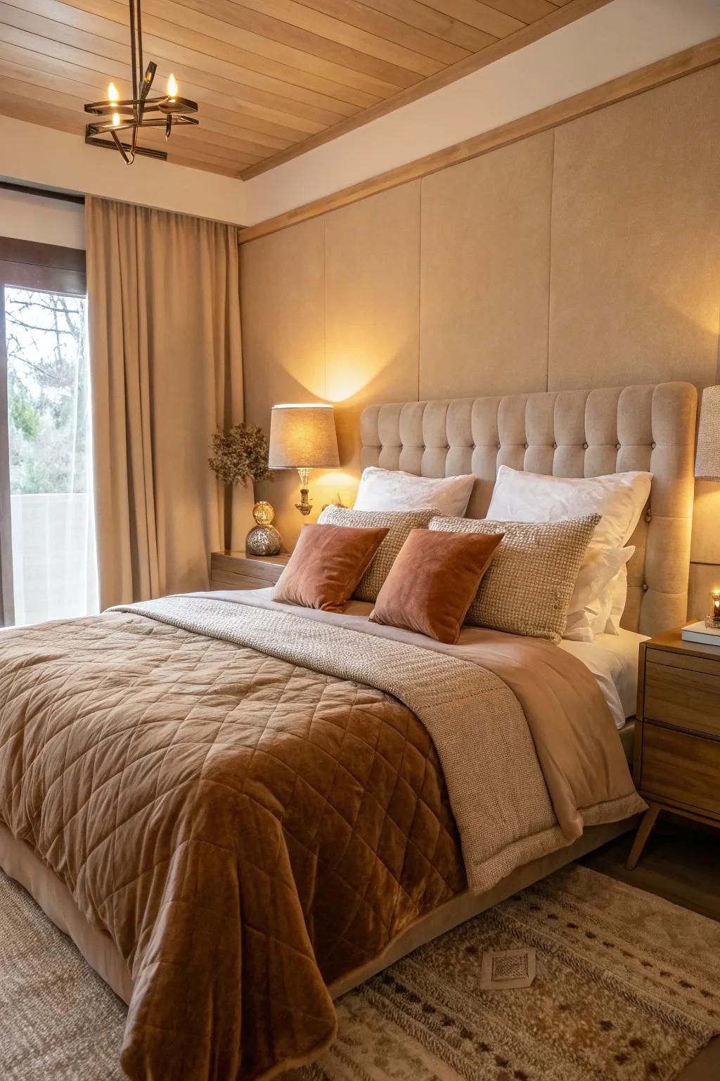 An inviting bedroom showcasing delicate toffee linens and a gentle, enveloping light.