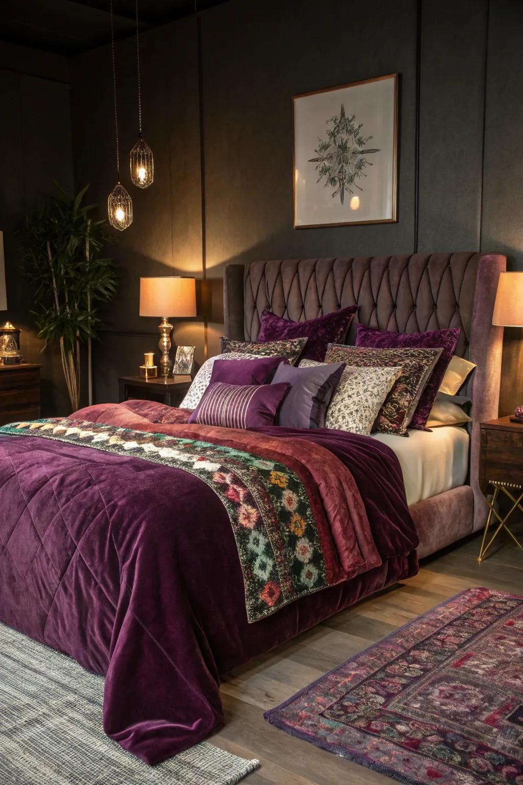 Sumptuous bedding with layers of velvet and silk heightens the cozy ambiance.
