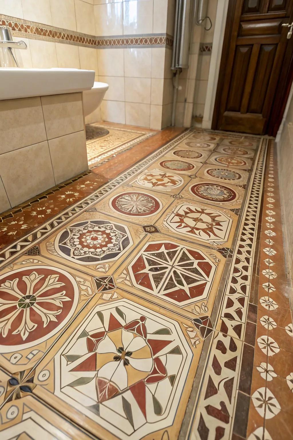 A beautifully patterned tile surface adding texture to the craftsman bathroom.