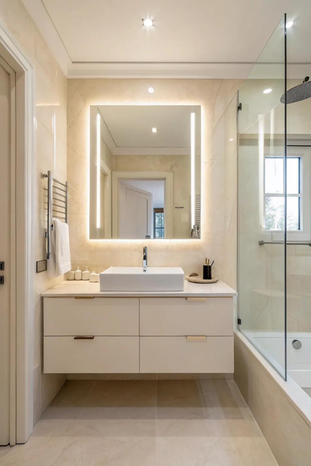 Sleek design elements elevate this modern cream bathroom.