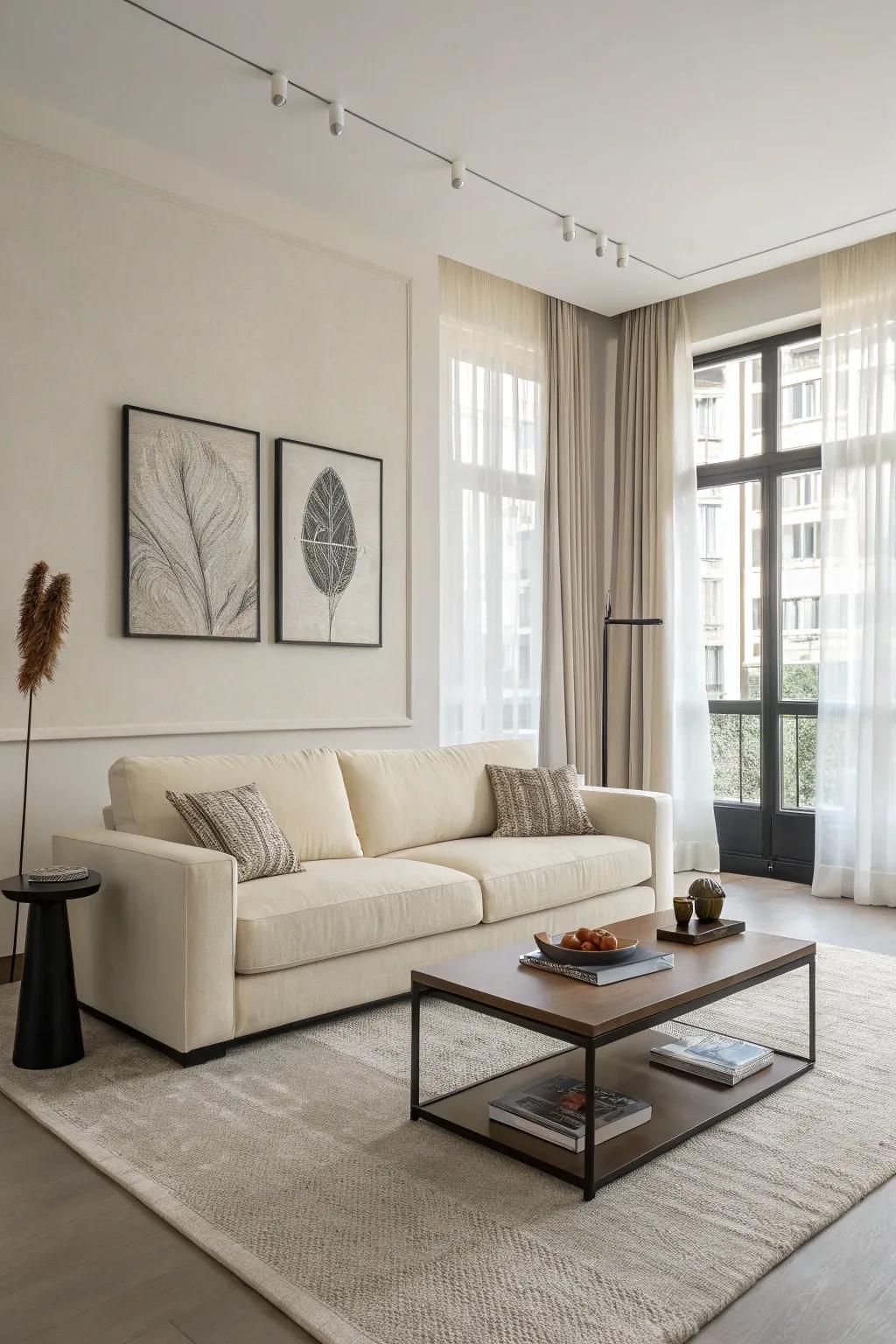 Contemporary understatement accentuates the sleek contours of a vanilla settee.