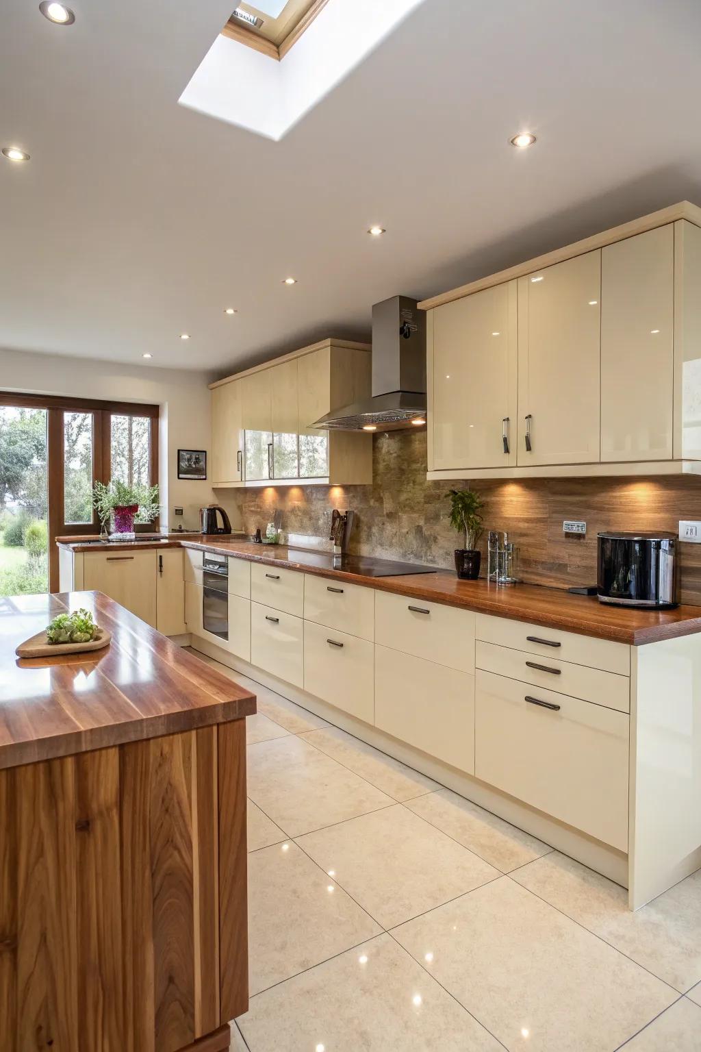 Natural wood accents harmonizing with the cream gloss finish, creating an inviting, warm kitchen.