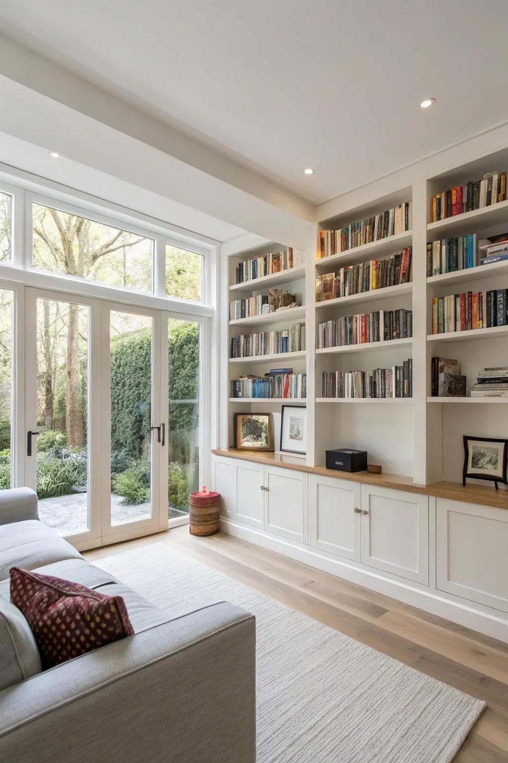 Built-in bookshelves provide a polished and unified appearance.