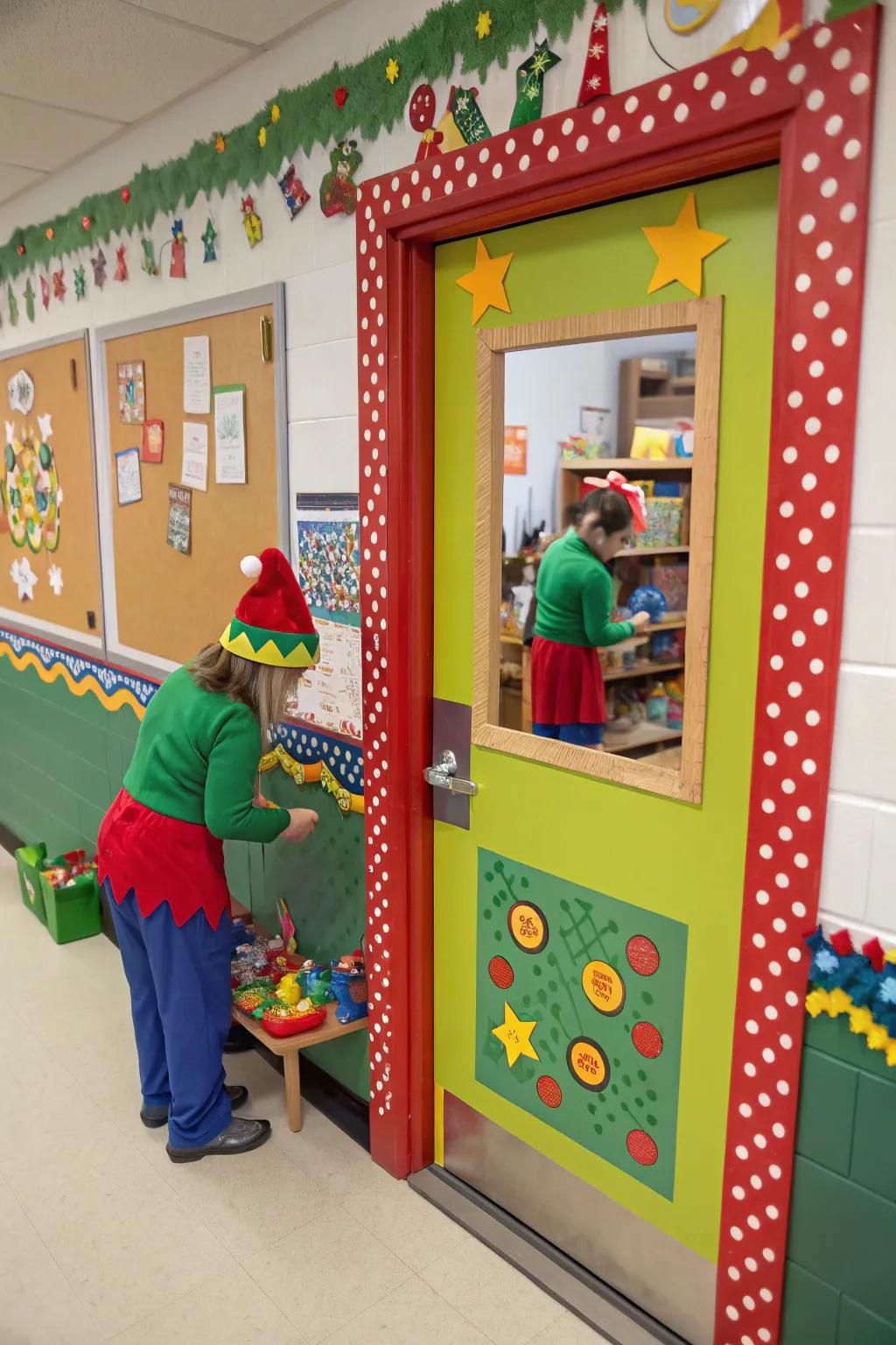 A classroom door showcasing Santa's workshop, bustling with elves and toys.
