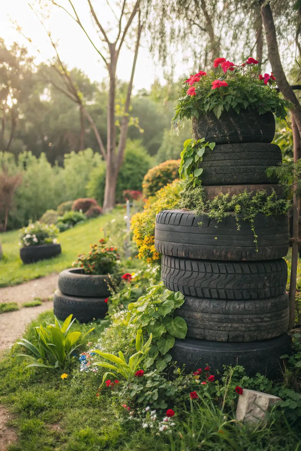 Layered tire display showcasing trailing greenery.