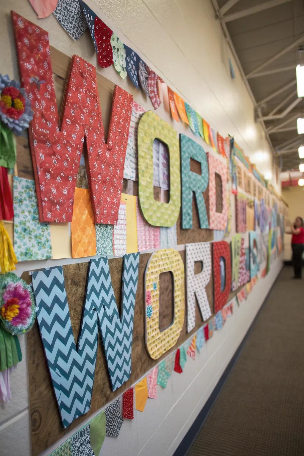 A striking, textured word wall incorporating cloth and paper elements