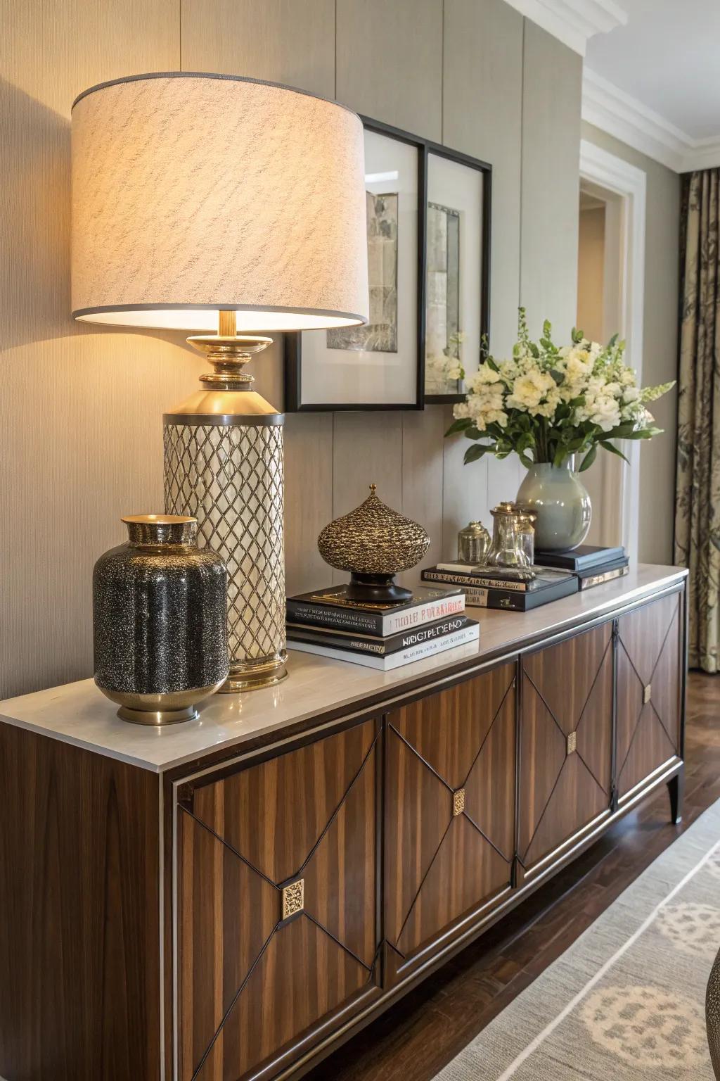A credenza adorned with a stylish table lamp.